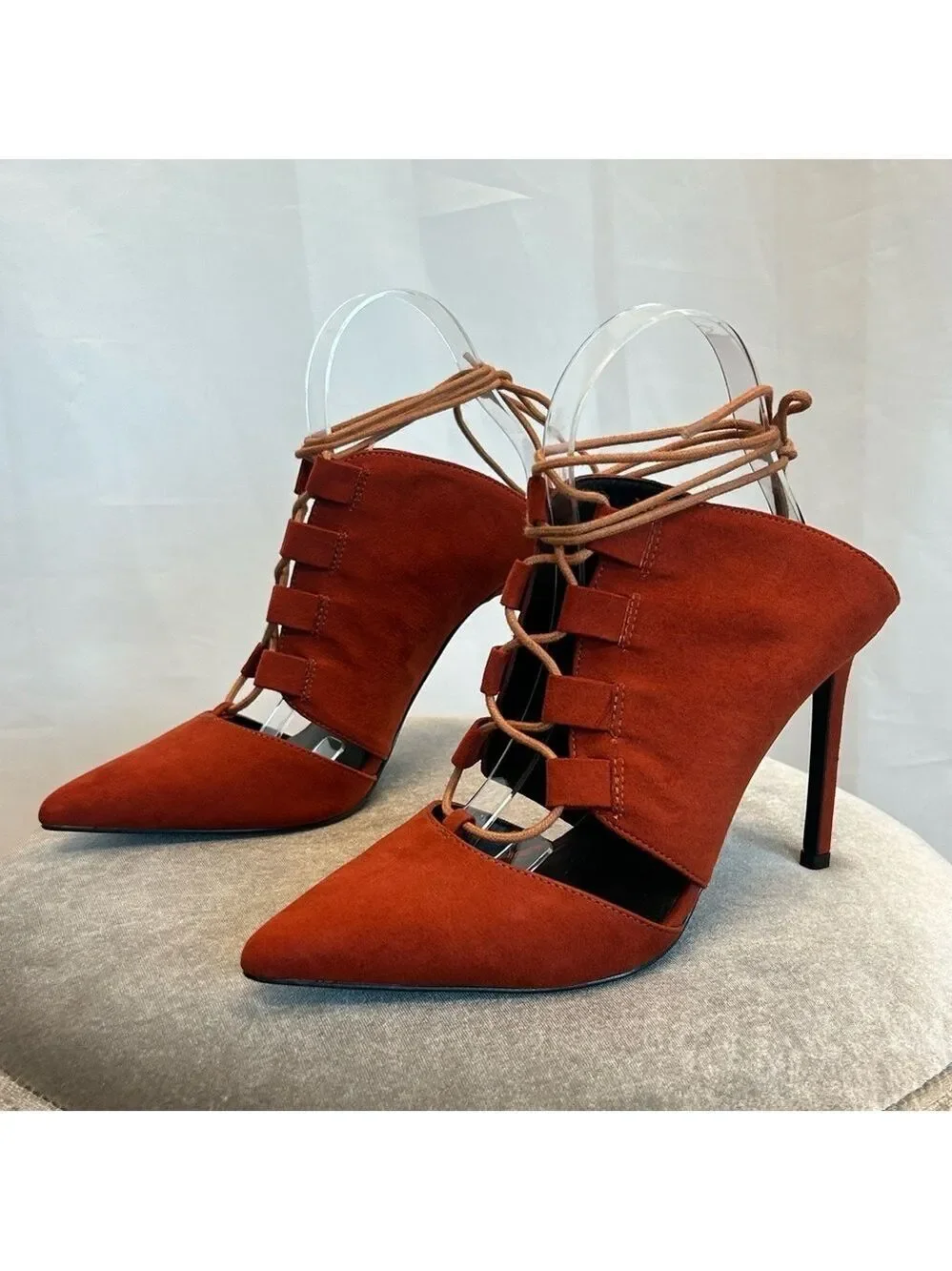 Nasty Gal burnt orange red lace-up faux leather mules high heels Sz 8.5